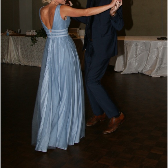 Azazie Dusty Blue Long Tulle Bridesmaid Dress - Picture 3 of 4